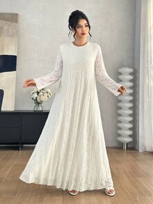 Yasmyna Solid Color Soft Style 3D Jacquard Long Sleeve Robe, Round Neck Loose Fit Full Skirt - Beige - View 4