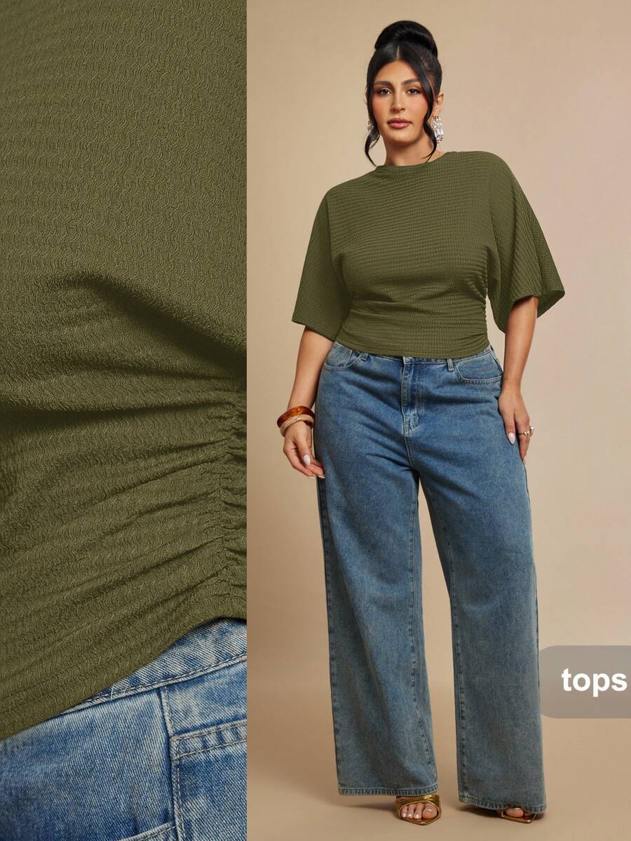 SHEIN BAE 大尺碼女款純色蝙蝠袖短袖休閒T恤 - 軍綠色 - 查看 1