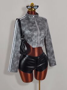 Amplova Autumn/Winter Fur Collar Patchwork PU Women's Jacket - Grey - View 1