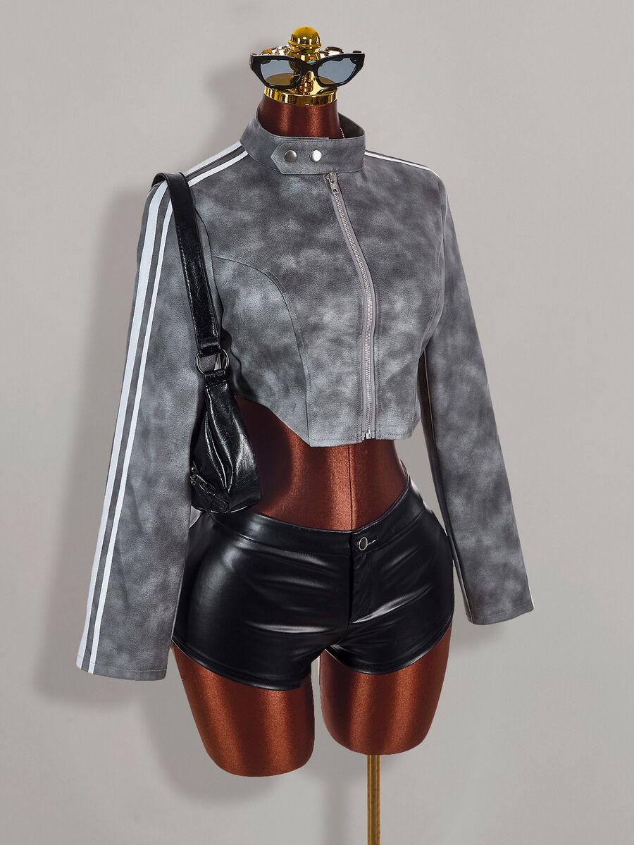 Amplova Autumn/Winter Fur Collar Patchwork PU Women's Jacket - Grey - View 1