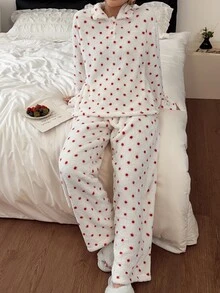 Napfluff Cute Polka Dot Women's Fuzzy Pajama Set, Autumn/Winter Loungewear - White - View 4