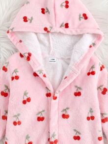 SHEIN 新生女嬰櫻桃毛絨印花連帽加厚中長版前開式睡袍，適合冬季 - 粉色 - 查看 3
