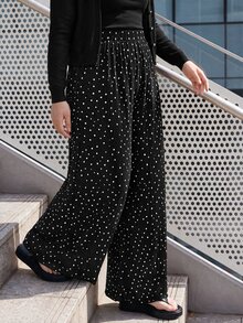 Bijouette Plus Size Women Polka Dot Print Elastic Waist Wide Leg Loose Long Pants - Black - View 3