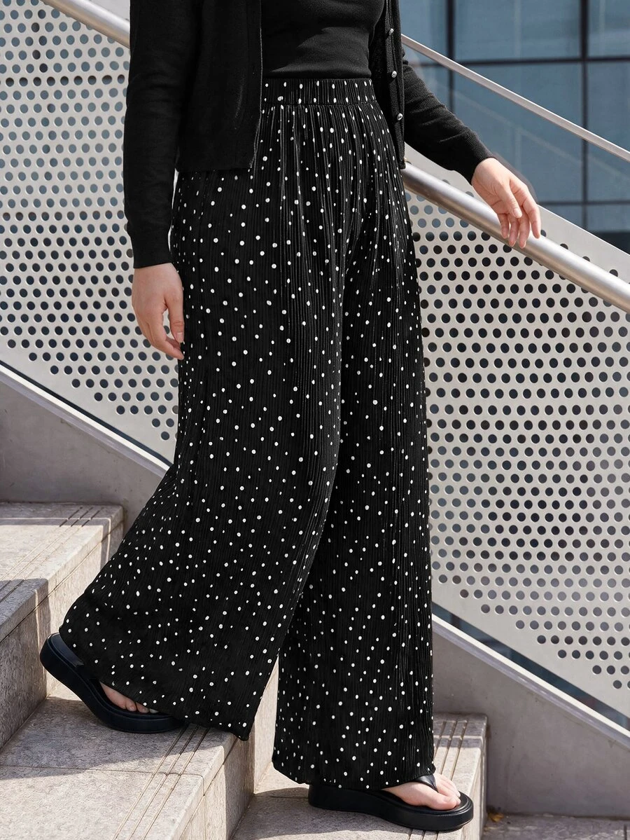 Bijouette Plus Size Women Polka Dot Print Elastic Waist Wide Leg Loose Long Pants Fall - Black - View 1