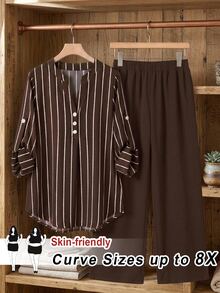 SHEIN CURVE+ Plus Size 22w Women's Summer Casual Striped Shirt And Solid Color Pants 2 Pieces Set - Multicolor - View 1