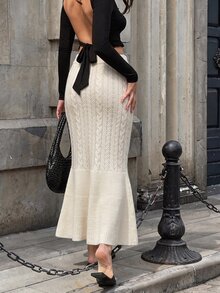 SHEIN Women's Elegant Mermaid Twist Knit Midi Skirt - Beige - View 2
