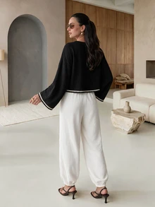 Mulvari Zen-Inspired Contrast Color 2 Pieces Set For Women: Square Neck Ruffle Wide Sleeve Crop Top + Elastic Waist Lantern Wide Leg Pants, Relaxed Blogger Style Loungewear Vacation Slouchy Outfit - Black and White - View 2