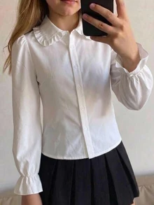 Firerie Kids Tween女孩白色襯衫，甜美蕾絲拼接，正式場合內搭、外穿，休閒日常百搭時尚，柔軟舒適，秋冬新款 - 白色 - 查看 3