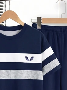 Setelan Kaos Lengan Pendek Kerah Bulat dan Celana Panjang Minimalis Kasual untuk Remaja Laki-laki, Cocok untuk Musim Panas, Motif Kartun - MultiWarna - View 4