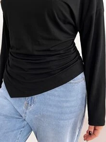 Shapeblank Women's Plus-Size Black Long-Sleeve T-Shirt – Stylish, Casual, Loose & Stretchy – Cold-Shoulder Design With Asymmetrical Hem (Autumn/Winter),Fall Tops - Black - View 6