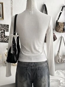 SHEIN Spring/Autumn Girls' Long Sleeve T-Shirt, Teen Girls Lace Trim Round Neck Henley Button Slim Fit Knit Top, Ribbed Texture White Versatile Inner Layer, Daily Commute Base Layer - White - View 2