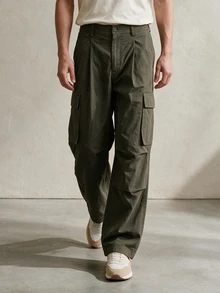 TONEVAULT Men's Solid Color Cargo Pocket Straight Leg Loose Casual Long Pants - Army Green - View 5
