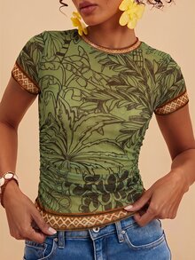 Travachic 女款棕櫚樹印花圓領短袖修身上衣 - 彩色 - 查看 7