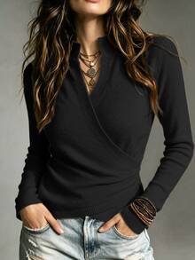 SHEIN 初秋女款修身腰交叉領毛衣長袖針織套頭衫 - 黑色 - 查看 6
