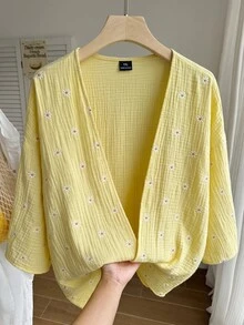 Comfortcana Plus Size Street Fashion Embroidered Textured Thin Jacket - Pale Yellow - View 5