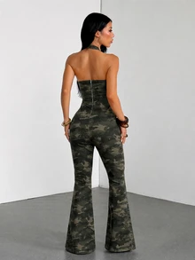 SHEIN Tall Women's Camouflage Back Zipper Design Flare Sleeve Halter Neck Denim Jumpsuit - Multicolor - View 2