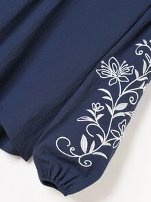 Rusticease Women's Floral Embroidered Lantern Sleeve Button Half-Placket Blouse - Navy Blue - View 5