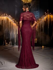 Glamrae Elegant Burgundy Lace, Pearl And Rhinestone Decorated Strapless With Flutter Sleeves Mermaid Skirt Women's Evening Gown - Burgundy - View 3