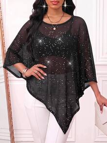 SHEIN Lady Women's Sequin Fashion Asymmetrical Hem Knit Top - Black - View 3