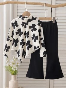 SHEIN Genkimix Kids (Young Girl) 蝴蝶結高領兩件套，上衣為高領長袖黑色蝴蝶滿版印花不對稱下擺，下身搭配黑色喇叭褲，適合日常上學、開學季、姐妹聚會、派對活動、戶外拍照、拜訪親友、郊區出遊，春秋穿著 - 黑色 - 查看 7