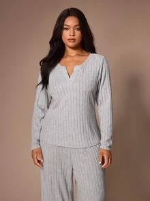 Lazeform Ultra Soft Ribbed Half-Open Collar Plus Size Women's Pajama Set Casual Loungewear - Light Grey - View 4