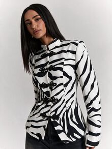 SHEIN BAE Women's Zebra Print Frog Button Design Casual Regular Fit Jacket - Black and White - View 8