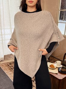 Vionelle Atasan Poncho Wanita Ukuran Besar, Kasual, Minimalis, Dekorasi Kancing Emas, Warna Khaki, Cocok untuk Aktivitas Sehari-hari, Kerja, Perjalanan, Musim Gugur, dan Musim Dingin. - Khaki - View 4