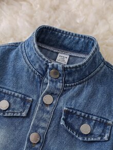 SHEIN 嬰兒男孩女孩秋冬可愛休閒百搭時尚街頭風皮革翻領黑色夾克，適合聖誕派對 - 藍色 - 查看 5