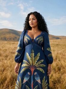 CAJUNI Plus Size Women's Vacation Palm Tree Print Front Tie Long Sleeve Elegant Dress - Blue - View 4