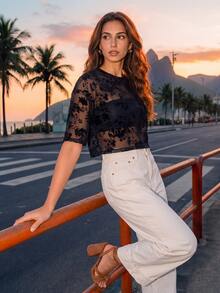 CAJUNI Cropped Boxy Short-Sleeved T-Shirt Made Of Sheer Jacquard Tulle. - Black - View 3