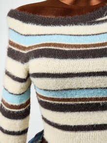 Mistrie Y2K Asymmetrical Shoulder Colorblock Striped Fuzzy Cropped Long Sleeve Knit Sweater - Blue - View 6