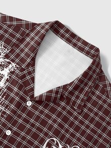 ROMWE MEN Street Life 男士時尚刺繡格紋單排扣短袖襯衫 - 彩色 - 查看 5