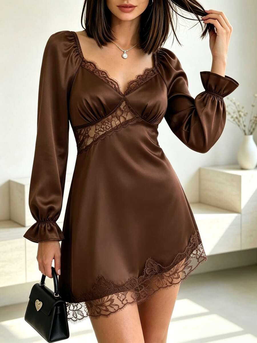 SHEIN PariChic Women's Sexy Lace Patchwork Asymmetrical Hem Dress - Brown - View 1
