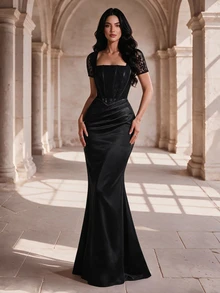 Coutiva Women's Lace Square Neck Short Sleeve Mermaid Hem Elegant Romantic Formal Prom Night Formal Event Evening Gown (Intricate Design) Black Fall - Black - View 7