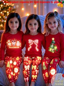 Young Girls Pajamas New Hot-Selling UV Light Glow-In-The-Dark Bow & Combination Pattern Red Round Neck High-Elastic Top With All-Over Print Long Pants 2 Pieces Set, Snug Fit, Autumn/Winter Loungewear, 1 Set - Multicolor - View 1