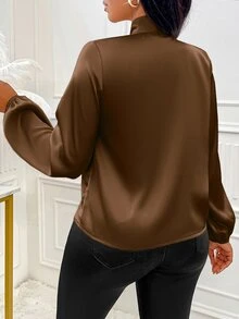 SOLERSUN Women's Solid Color Collar Long Sleeve Elegant Blouse - Brown - View 2
