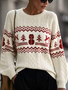 SHEIN New Christmas Cable Knit Crew Neck Fair Isle Pullover Sweater - Apricot - View 4