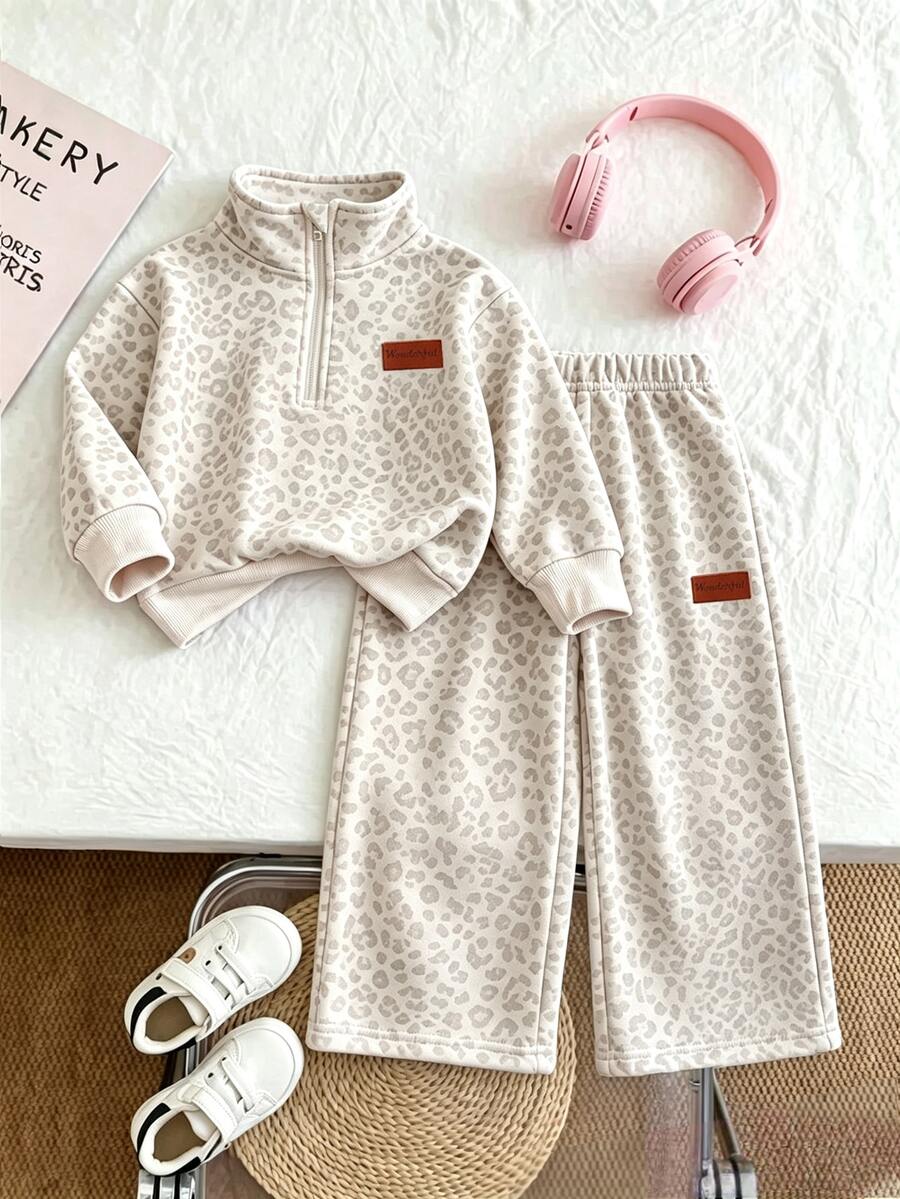 女嬰 2件組休閒時尚春秋冬季衛衣與寬腿褲套裝,甜酷米色豹紋印花,柔軟面料,時尚寬腿褲風格,春秋冬季女童服裝套裝,女童寬腿褲穿搭 - 米色 - 查看 1