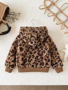SHEIN Baby Girl Leopard Print Long Sleeve Zip-Up Fleece Hooded Jacket - Brown - View 2