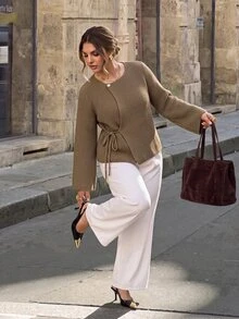 Firerie Plus Size Women Solid Color Long Sleeve Side Knot Casual Knit Cardigan - Yellow - View 5