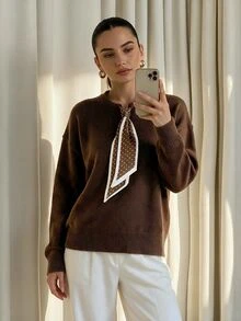 Modelyn Women's Color Block Scarf Tie Round Neck Long Sleeve Sweater, Autumn/Winter - Coffee Brown - View 7