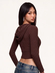 Rina Fox New Arrival Ribbed Knit Zip Up Hooded Crop Jacket, 3D Tailoring Slim Long Sleeve Outerwear - Brown - View 2