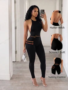BamGleam Seamless Knit Halter Neck Backless Jumpsuit - Black - View 1
