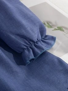 女童春秋新款編織純色極簡時尚方領長袖洋裝，背面方領設計，可拆卸大蝴蝶結，蓬鬆下擺附側褶皺，百搭公主風洋裝，適合秋季出遊、海邊度假、派對與聚會 - 藍色 - 查看 6