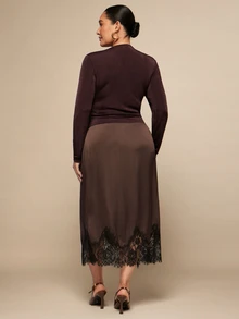 SHEIN BAE CURVE Plus Size Women's Brown Satin Lace Patchwork Skirt - Brown - View 6