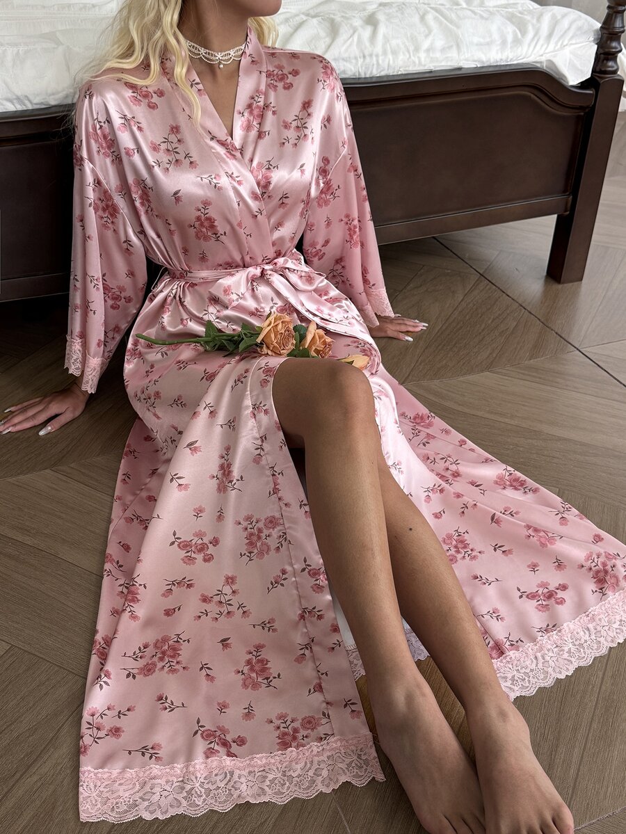 CottageSlumber Lace Trim Patchwork Ditsy Floral Faux Silk Romantic Nightgown - Pink - View 1