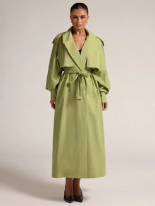 SHEIN BAE Women's Autumn/Winter Classic Lapel Daily Versatile Commute Elegant Solid Color Long Curved Sleeve Four-Button Front Open Trench Coat Jacket - Green - View 6