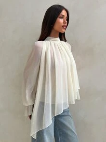 Aloruh Apricot Shawl-Style Top With Asymmetric Hem, Elegant Romantic Date Night Goddess Outfit - Apricot - View 6