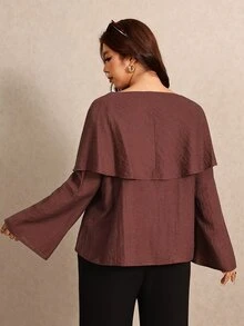 Elaquor Áo blouse thời trang casual tay loe màu trơn cho nữ size lớn - màu nâu - Xem 2