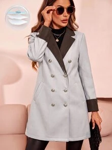 SHEIN Clasi 秋冬款翻領雙排扣大衣 - 灰色 - 查看 3